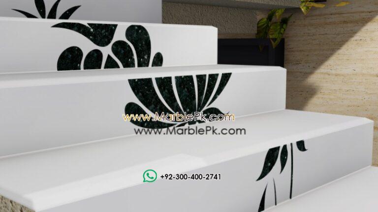 Snow White with Emerald Pearl Italian Inlay Floral Staircase Fine Luxury Marble Granite Stairs Design in pakistan www.Marblepk.com 1