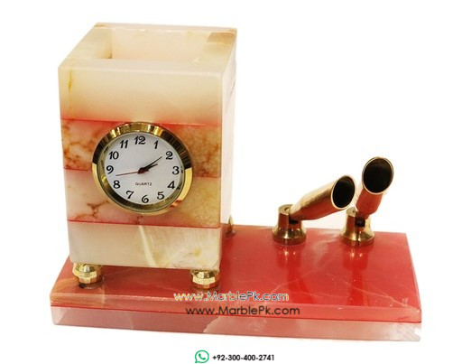 Unique Marble Handicrafts - Pk0130 gn gen 003260 marble pen stand clock
